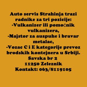 Auto servis Strahinja trazi radnike za tri pozicije
